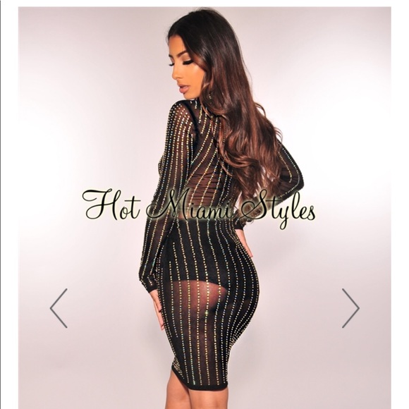 Hot Miami Styles Dresses Black Iridescent Rhinestone Long Sleeve